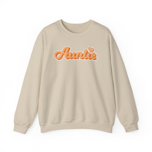 Beige sweatshirt with 'Auntie' text in orange on a white background