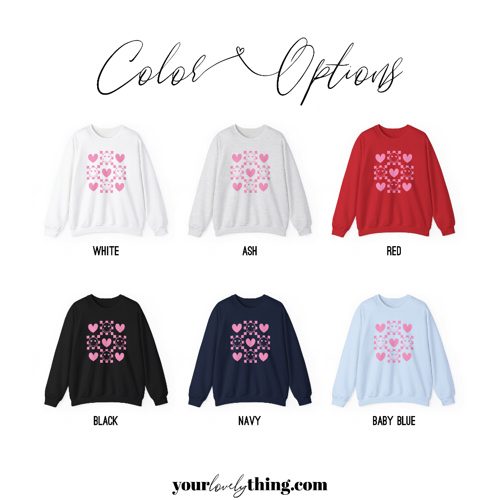 Checkered Smiley Face with Hearts Graphic Sweatshirt