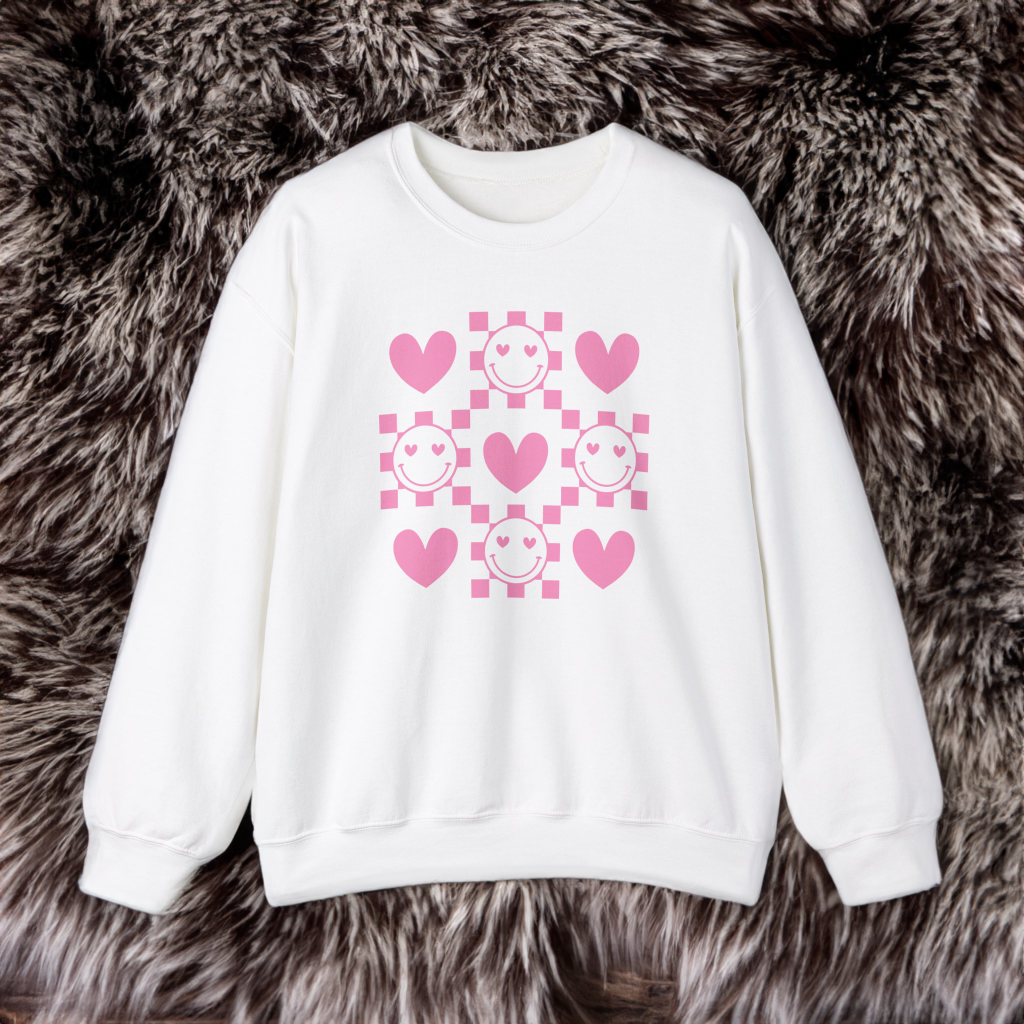 Checkered Smiley Face with Hearts Graphic Sweatshirt