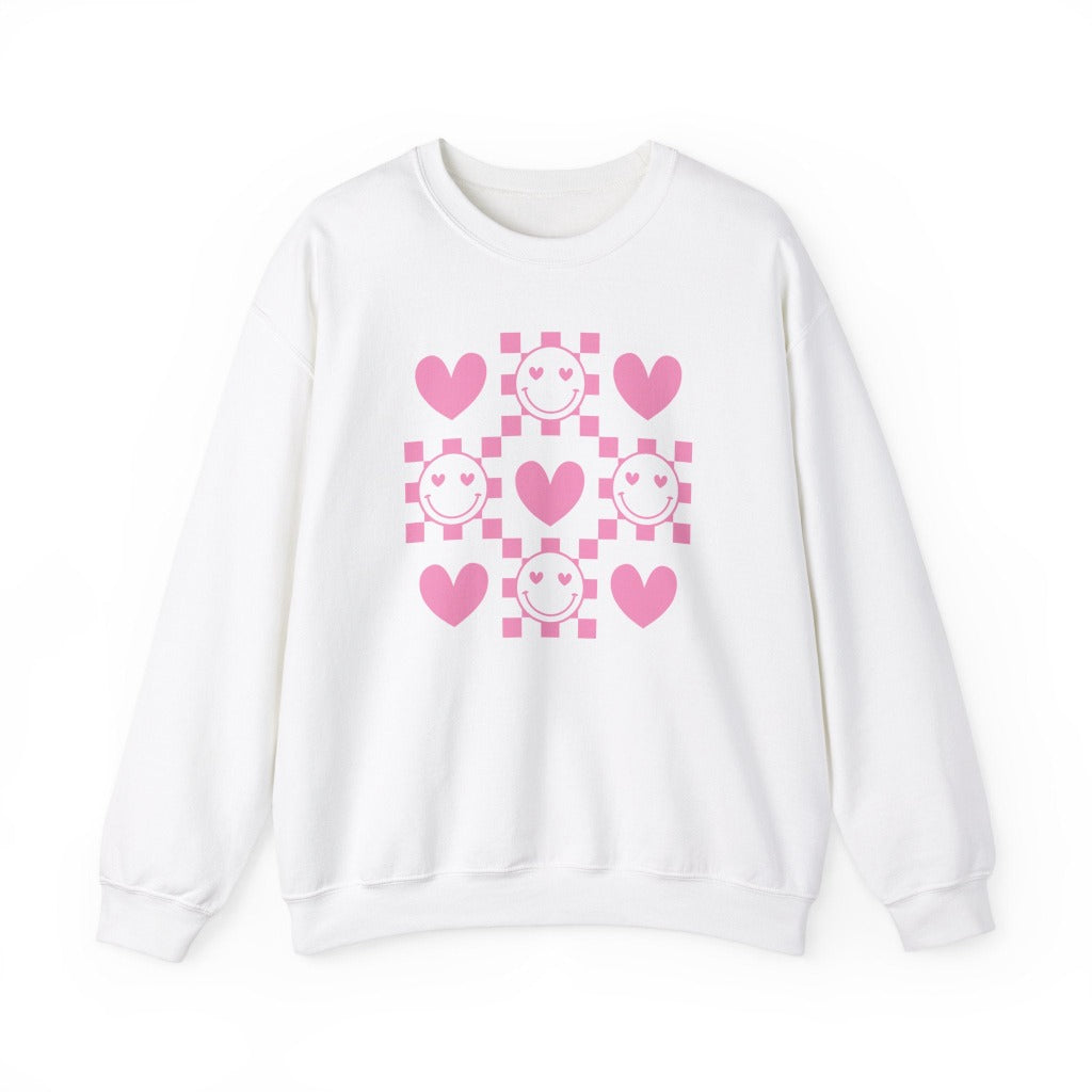 Checkered Smiley Face with Hearts Graphic Sweatshirt