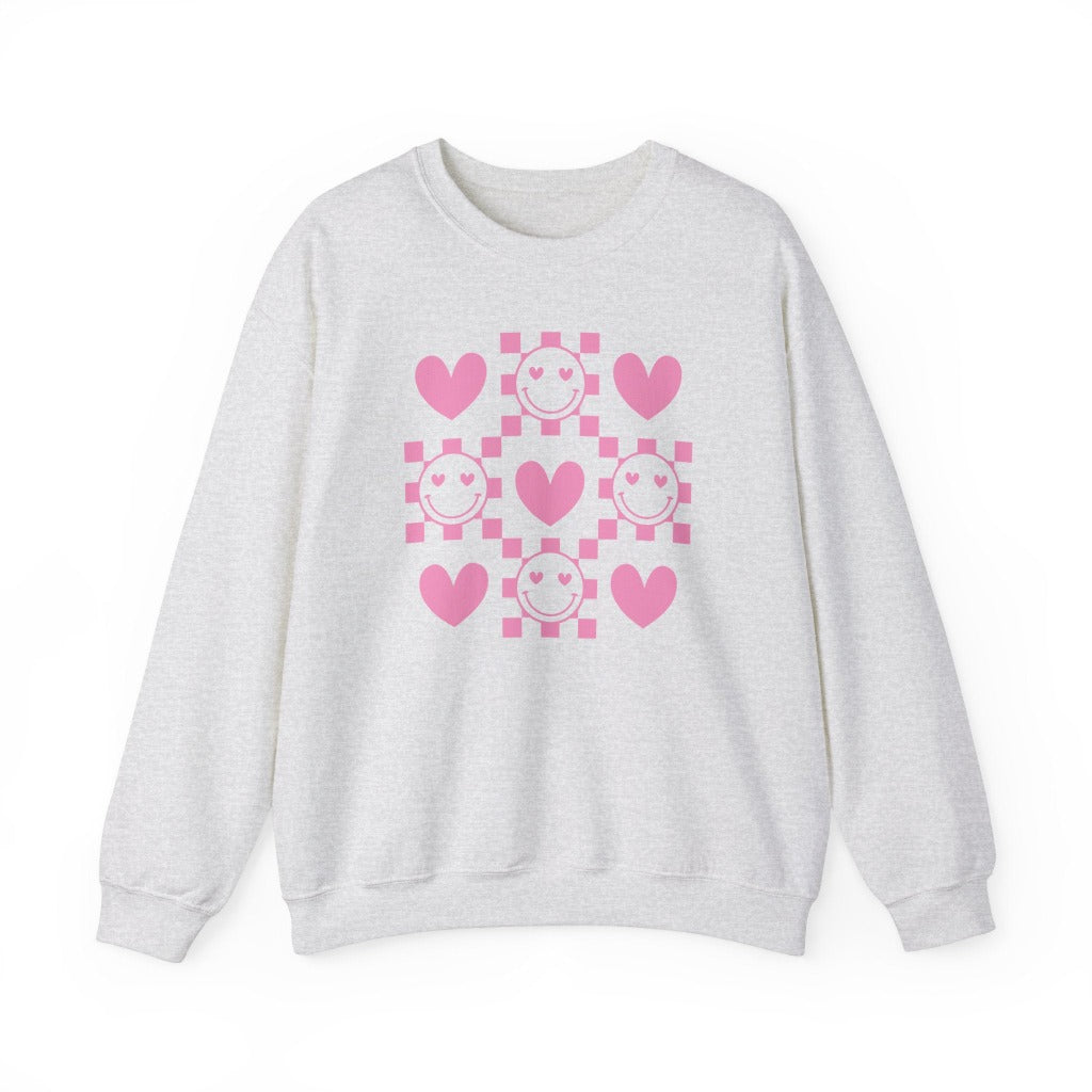 Checkered Smiley Face with Hearts Graphic Sweatshirt