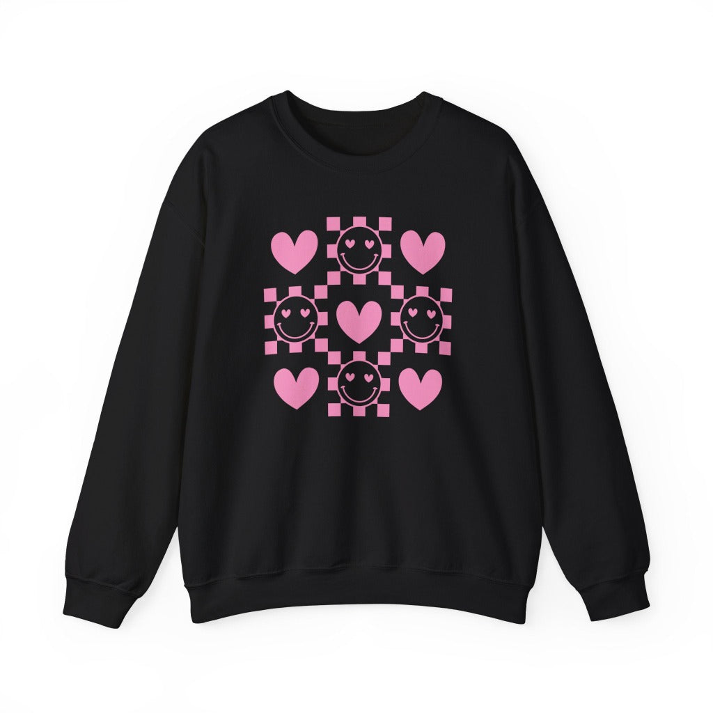 Checkered Smiley Face with Hearts Graphic Sweatshirt