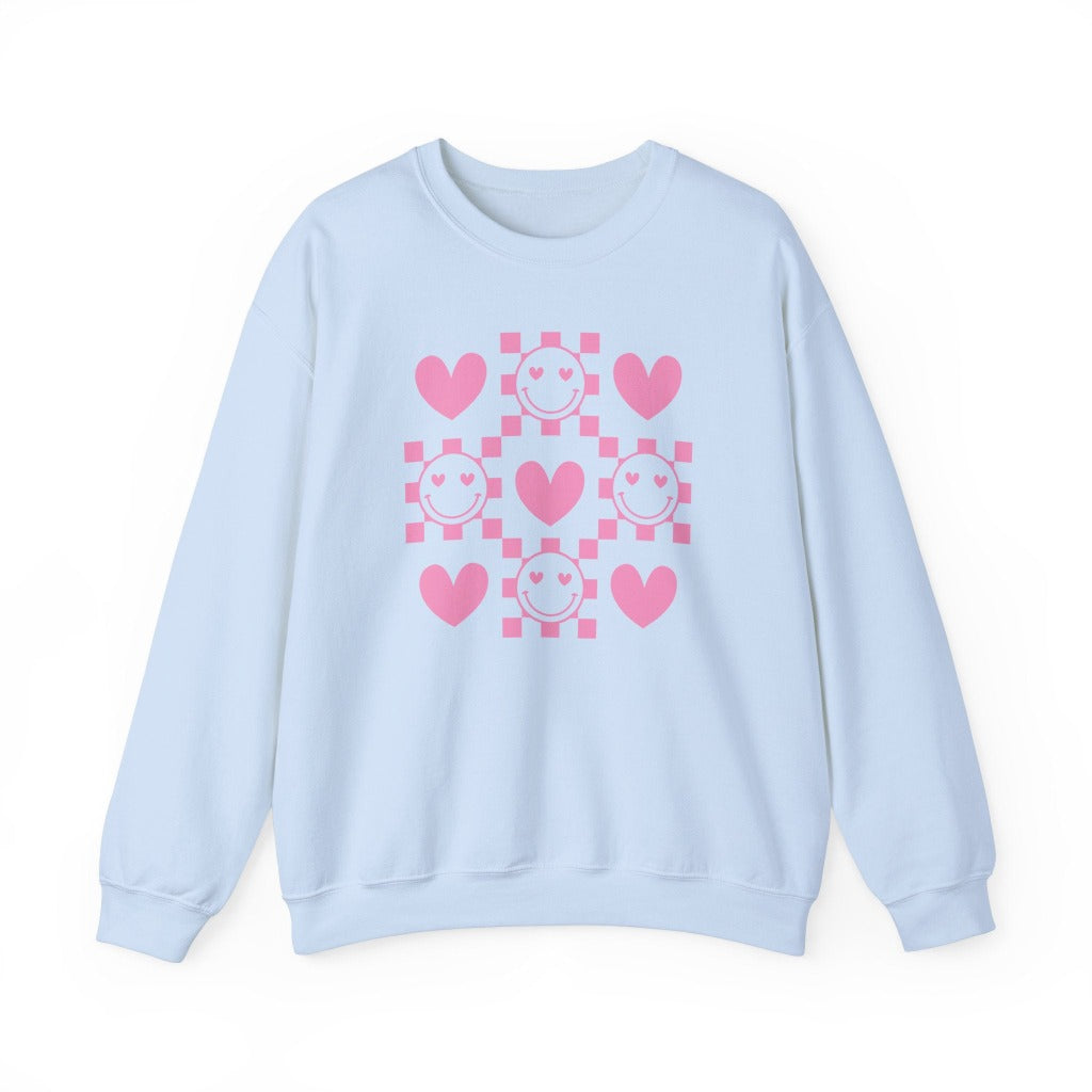 Checkered Smiley Face with Hearts Graphic Sweatshirt