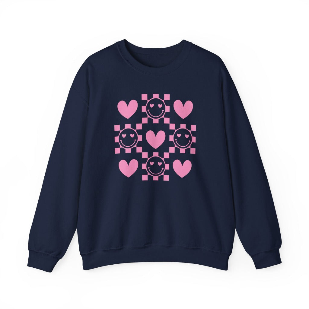 Checkered Smiley Face with Hearts Graphic Sweatshirt