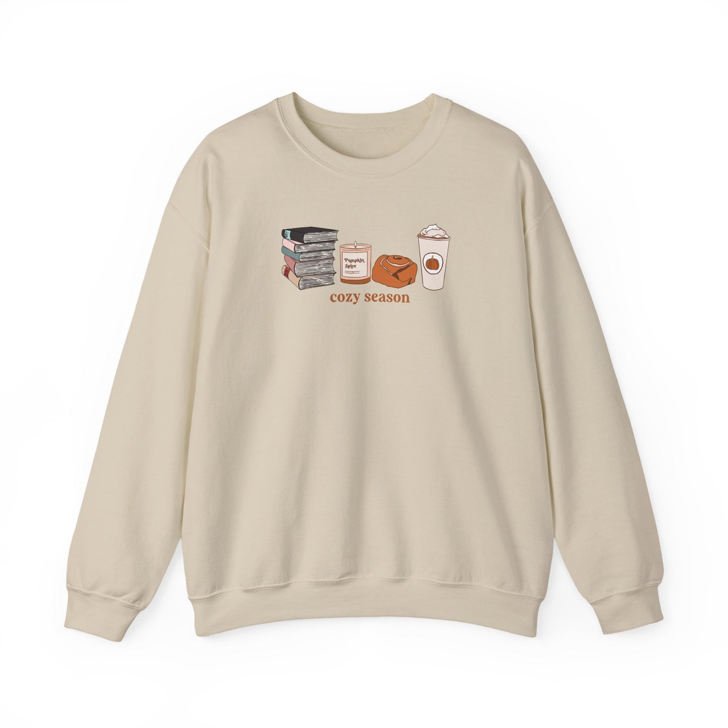Beige sweatshirt with 'cozy season' graphic on a white background