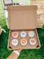 Open cardboard box with six small containers of lip balm on a grassy outdoor background