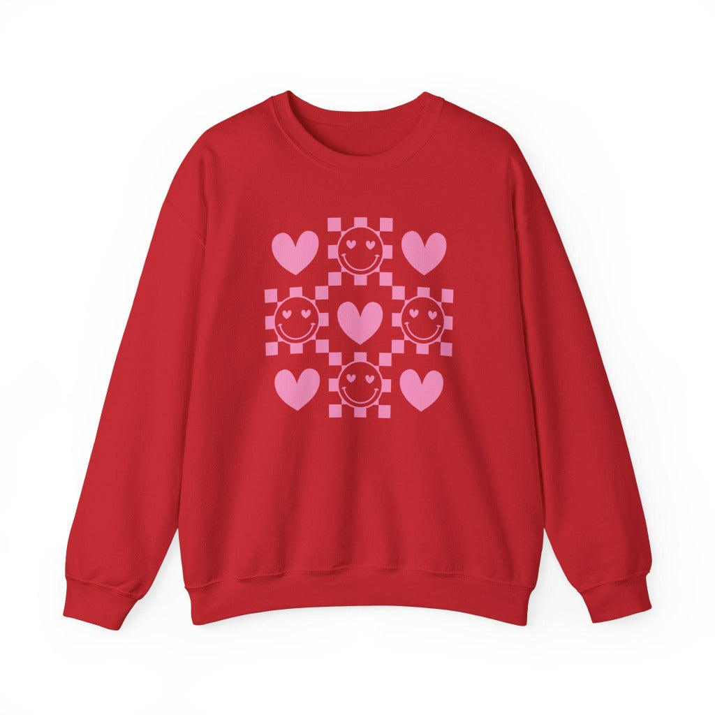 Checkered Smiley Face with Hearts Graphic Sweatshirt