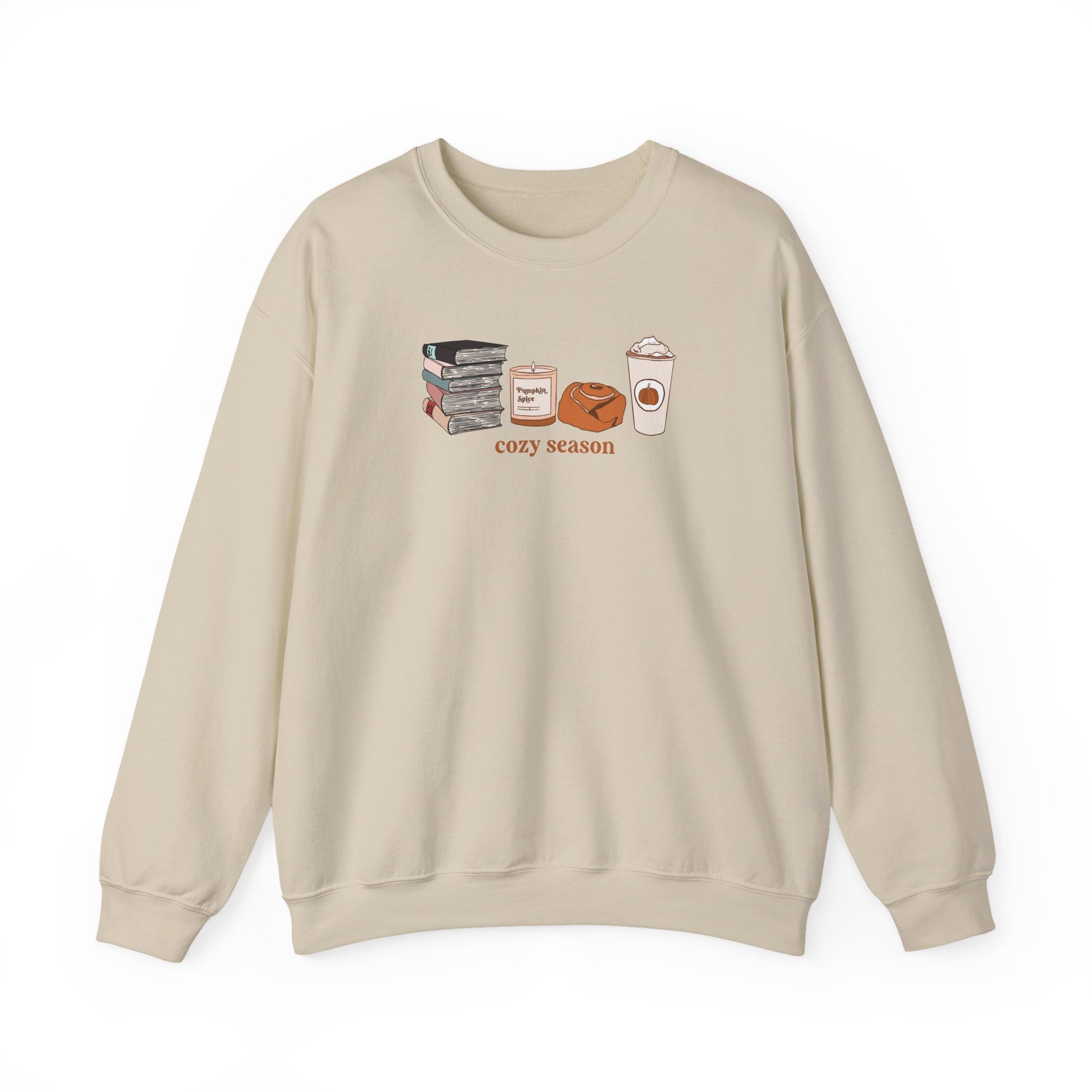 Beige sweatshirt with 'cozy season' graphic on a white background