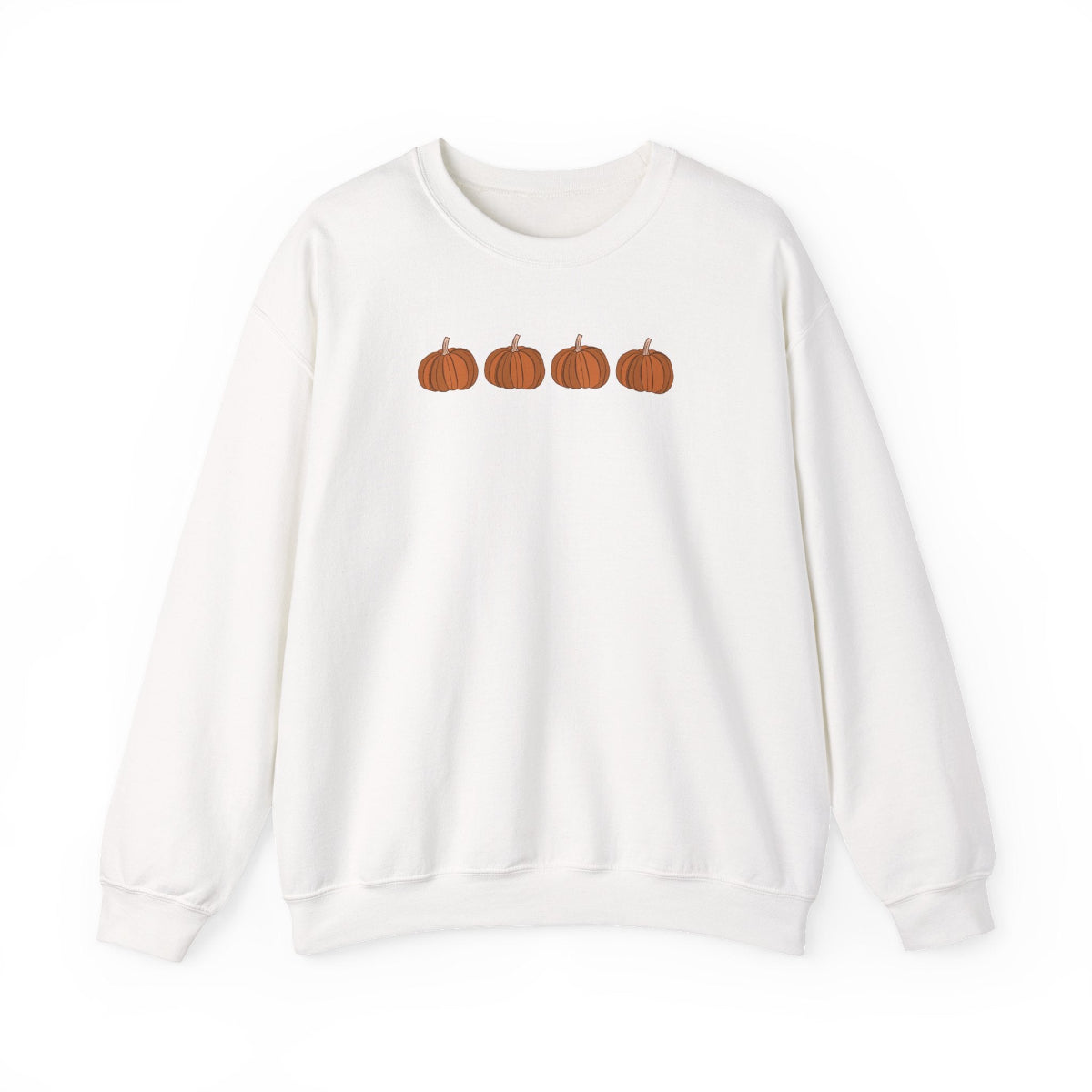 White sweatshirt with four brown pumpkins on a white background