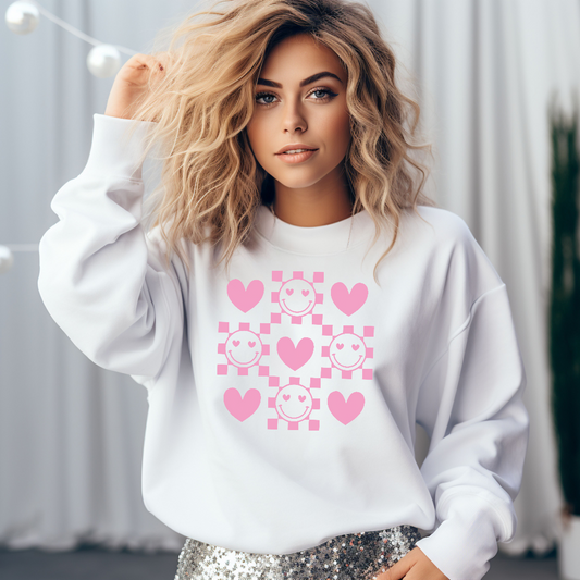 Checkered Smiley Face with Hearts Graphic Sweatshirt