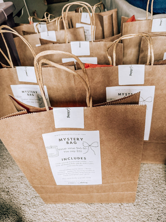 Brown paper bags labeled 'Mystery Bag' on a carpeted floor.